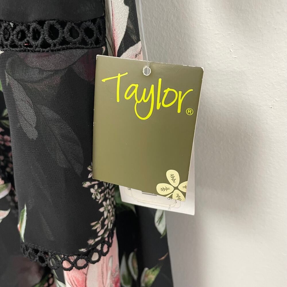 Black Floral V-Neck Chiffon Midi Dress with Ruffled High-Low Hem - Picture 8 of 10